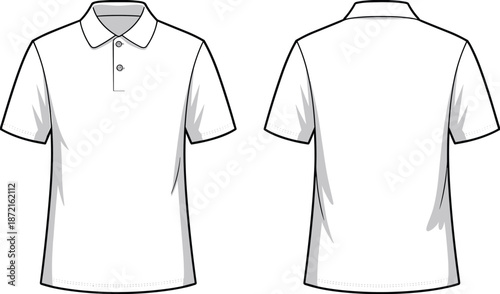 Men polo shirt cad drawing flat vector illustration front back views, short sleeve collar t shirt technical fashion apparel design outline isolated white background