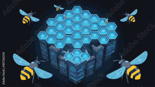 Network Hive Glowing Server Beehive Flat Vector Illustration Tech Mascot generative ai