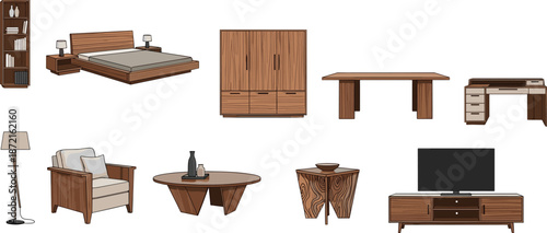 Modern wooden furniture set, bedroom, living room, office, dining, cohesive design, minimalist style, home interior, natural wood, elegant decor