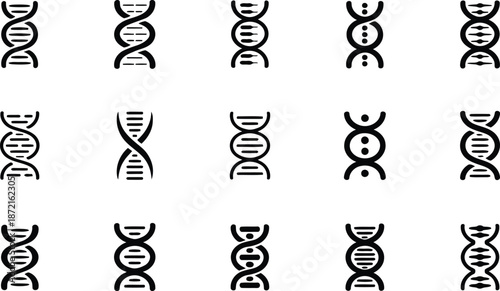 A wide array of black DNA spiral icons showcasing different structures and forms on a bright white surface