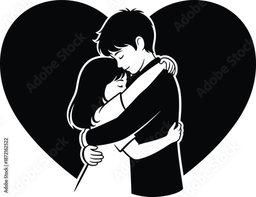 Two people embracing each other within a large heart shape silhouette black