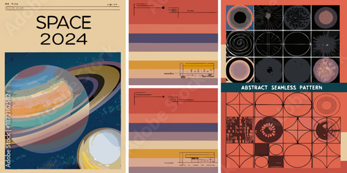 A vibrant collage featuring space themes geometric patterns and retro aesthetics