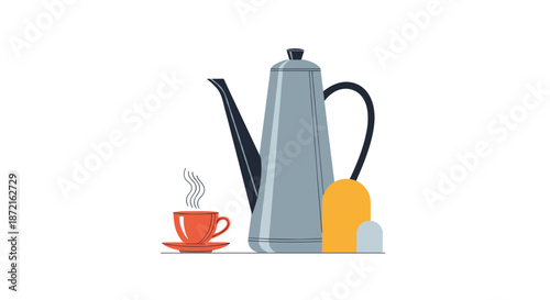 Classic tall metal coffee pot next to a red steaming cup of coffee and colored capsules representing modern brewing methods on a white background.