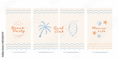 Illustrative beach themed designs with waves sun palm surfboard and marine elements