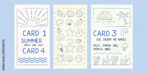 Three illustrated cards depicting summer themes sun shells sailboats and palm trees