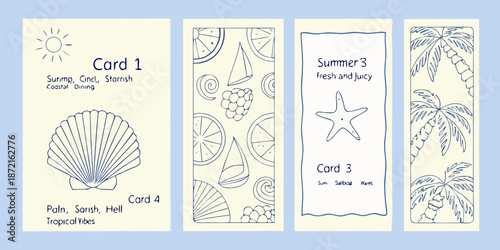 Sketch style summer cards with tropical themes and coastal illustrations
