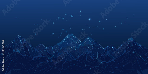 A digital rendering of mountains under a starry night sky in blue tones