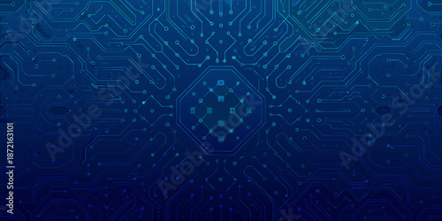 Abstract blue circuit board pattern with hexagonal and linear connections