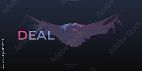 Abstract handshake graphic with the word deal prominently displayed against a dark background