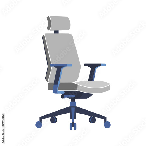 Modern ergonomic office chair with adjustable headrest and armrests in sleek gray and blue