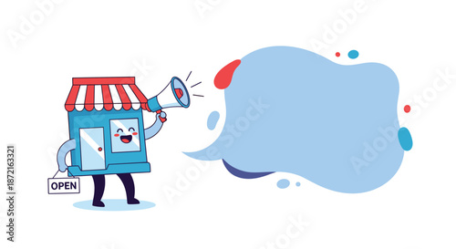 Cheerful anthropomorphic building mascot holding a megaphone and an open sign while standing next to a text bubble.