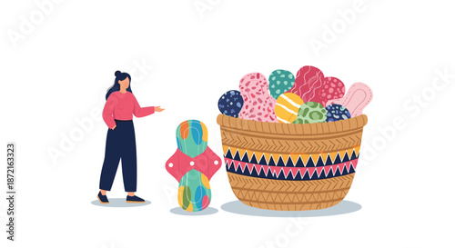 Woman standing next to a large basket filled with colorful reusable fabric sanitary pads for eco friendly period care.
