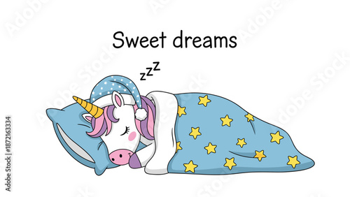 Cute sleeping unicorn in a nightcap tucked under a starry blanket with the text Sweet dreams on a white background.