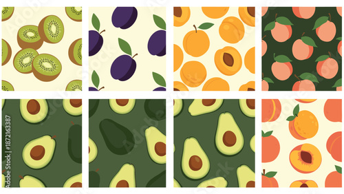 Collage of vibrant seamless patterns featuring various summer fruits like kiwi, plum, apricot, peach, and avocado for background.