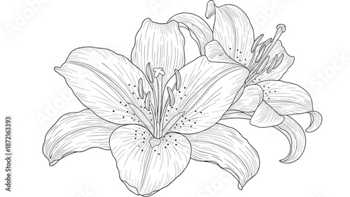 Detailed black and white line drawing of two blooming lily flowers showing intricate petal textures and stamen details for coloring.
