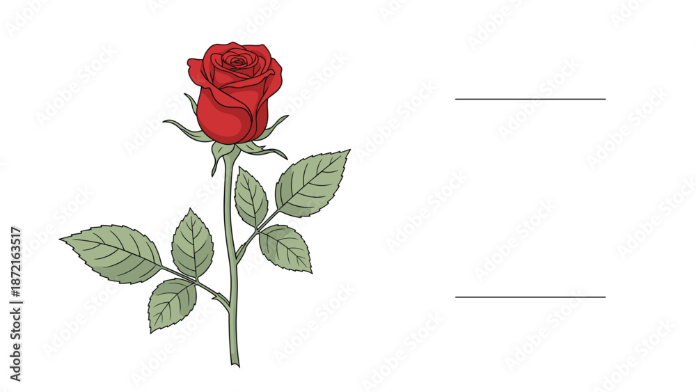 Fototapeta premium Single red rose flower on a long stem with green leaves placed next to space for personalized text or a greeting message.