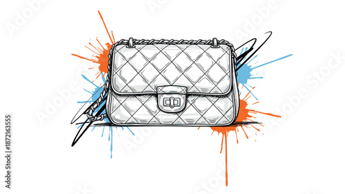 Stylish illustration of a classic quilted handbag with colorful paint splatters in orange and blue on a plain white background.