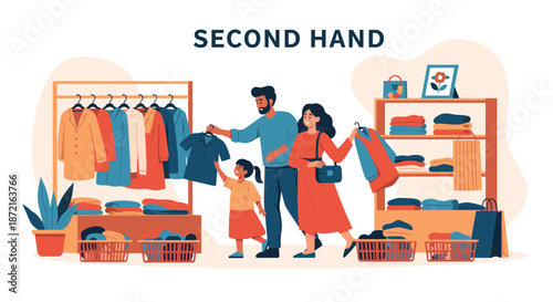 Diverse family with young daughter shopping for used clothes at second hand boutique or thrift shop for sustainable fashion.