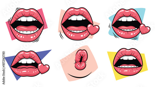Set of female mouths in pop art style with various expressions and pink hearts on colorful abstract backgrounds.