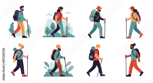 Collection of diverse men and women hikers with backpacks and walking sticks practicing trekking and outdoor activities.