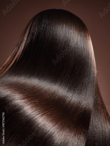 Close-up of glossy, dark brown hair flowing smoothly, well-conditioned