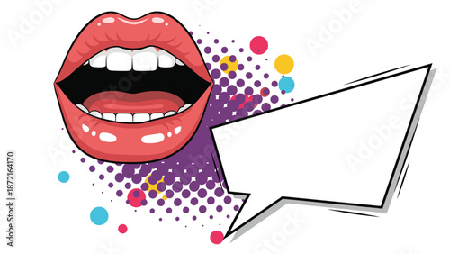 Sexy open mouth with red lips and white teeth in pop art style with empty speech bubble for text.