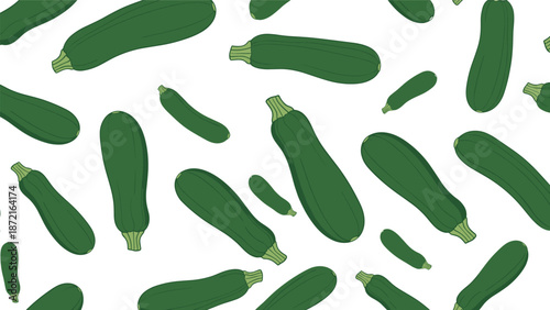Seamless pattern with fresh green zucchinis of various sizes on white background for food and kitchen design.