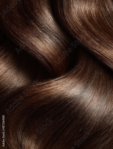 Close-up of glossy, flowing, brown hair, showing smooth texture & natural shine