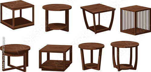 Wooden side table collection, modern furniture, unique shapes, interior decor, square and round tops, stylish legs, handcrafted, minimalist, durable