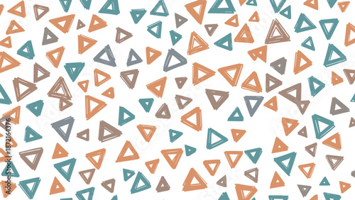 Abstract pattern of hand drawn textured triangles in shades of orange, blue, and gray on a clean white background.