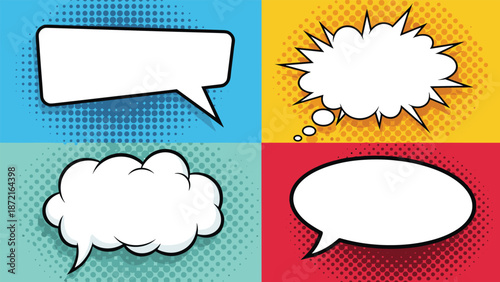 Collection of four different blank comic book style speech bubbles on colorful halftone backgrounds for text.