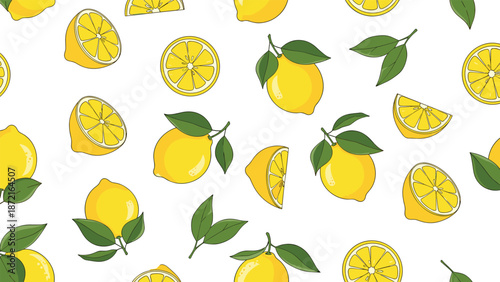 Vibrant seamless pattern of whole lemons lemon halves and slices with green leaves on clean white background for design.