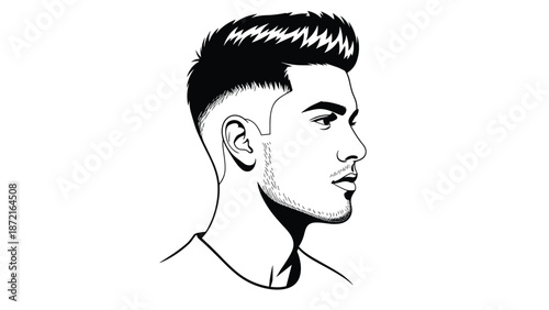 Stylized black and white illustration of a young mans profile featuring a modern haircut and stubble on a white background.