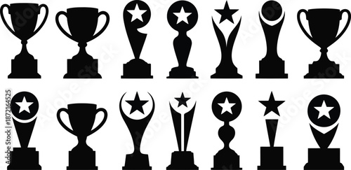 Extensive set of black trophy silhouettes signifying victory honor and championship awards
