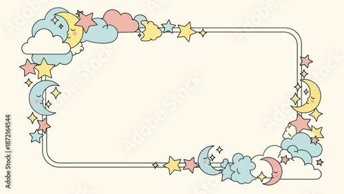 Pastel Celestial Border Frame with Moon and Stars for Nursery Decor.