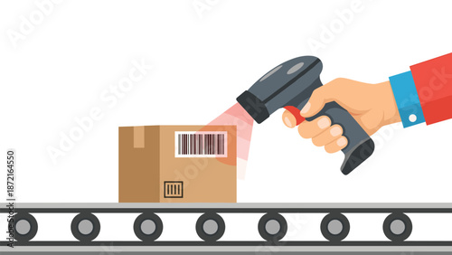 A human hand holds a barcode scanner, illuminating and reading a barcode on a cardboard box moving along a conveyor belt, illustrating logistics.