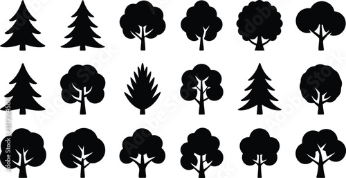 Numerous black tree silhouettes showcasing different shapes and foliage styles on a crisp white background