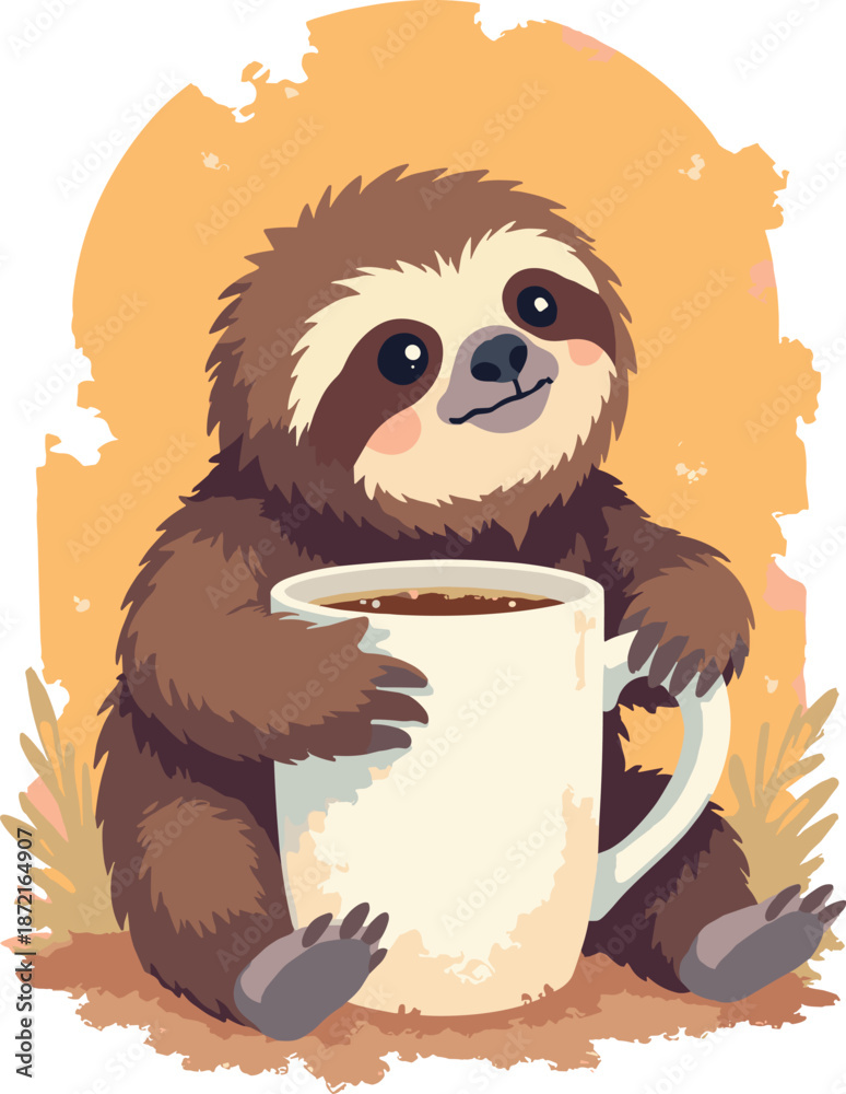 Obraz premium Flat vector of a Sloth hugging a giant coffee mug. 'Morning Mood' concept. Cute mascot style