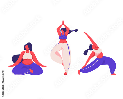 Vibrant flat vector illustration of women practicing diverse yoga poses. Perfect for wellness, mental health, fitness training, and active lifestyle content.