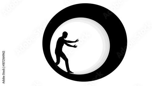 Man stepping out of a black circle silhouette illustration with freedom and liberty and emancipation and escape and exit and graphic and white