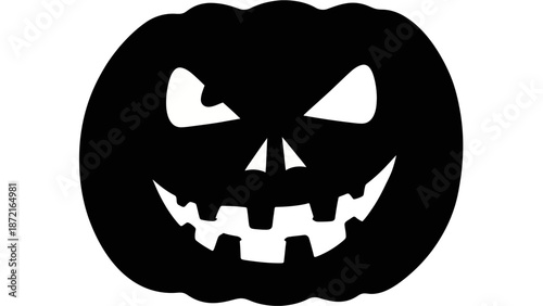 A spooky black jack o lantern face with glowing eyes and sharp teeth on a white background for halloween decoration and design with pumpkin and scary