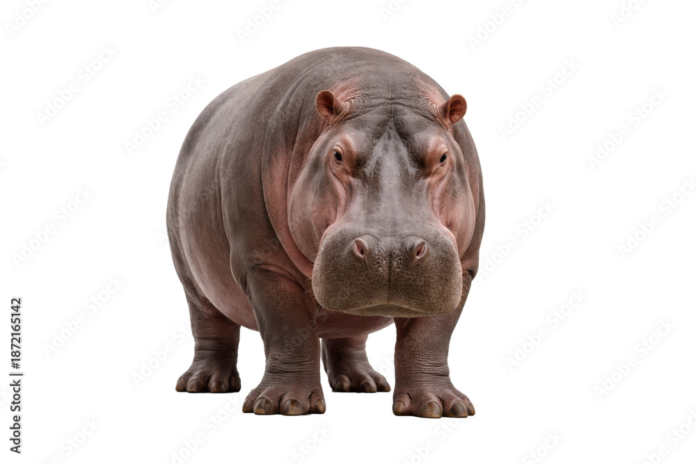 Obraz premium adult hippopotamus standing facing forward on a pure white background, showing natural skin texture, strong body shape, and clean cut-out appearance suitable for wildlife and educational use.