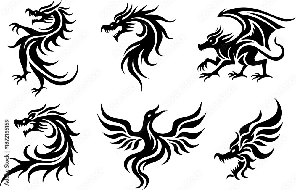 Fototapeta premium Mythical Winged Dragon & Phoenix Silhouette Tattoo Design Set