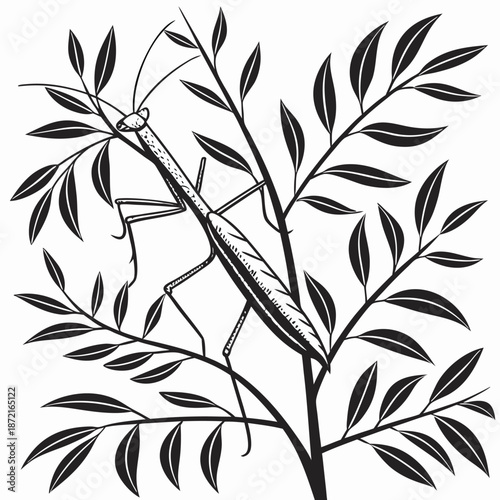Praying mantis illustration clutches branch with elongated leaves in black and white pattern