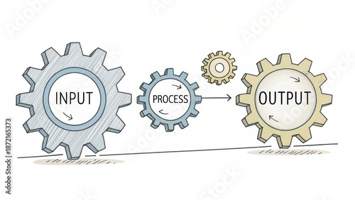 Gear mechanisms representing input, process, and output in action