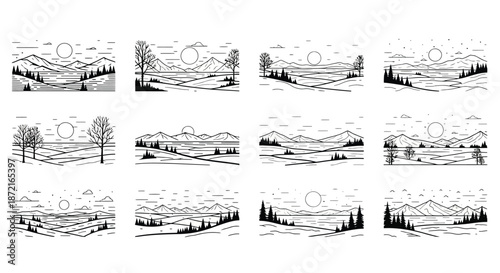 Series of line art landscape illustrations