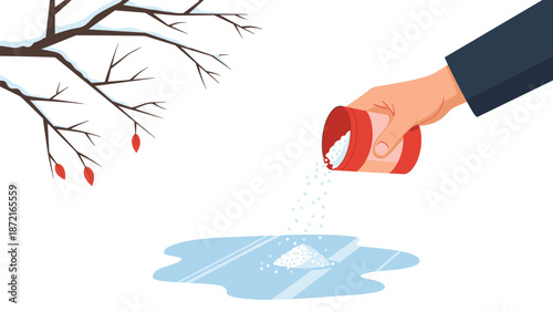A human hand is seen pouring salt from a red container onto a puddle of melting ice and snow beneath a bare, snow-dusted tree branch.