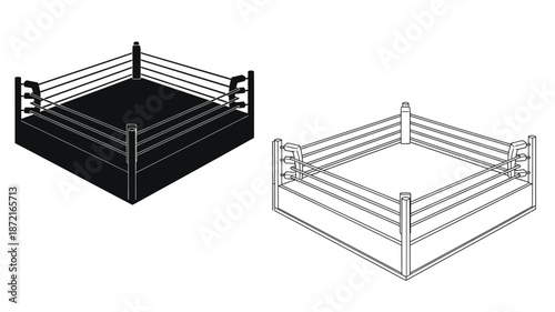 Isometric boxing ring diagrams black fill and line art striking silhouette