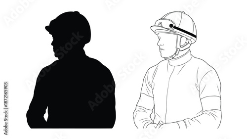 Jockey portrait with contrasting line drawing and dark silhouette