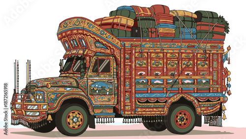 Pakistani Jingle Truck Flat Vector Illustration Cultural Transport Mascot generative ai